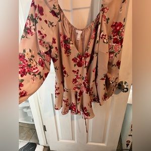 Light pink with red floral blouse